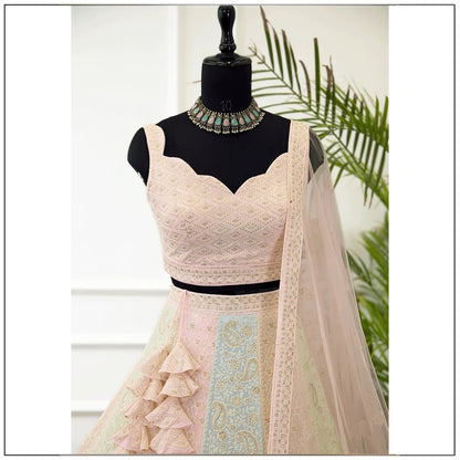 Designer Peach Embroidered Bridal Lehenga Choli Set with Net Dupatta
