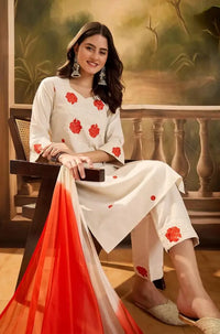 Women's Beautiful Viscose Fabric Thread work Straight Kurta with Pant And Dupatta Set