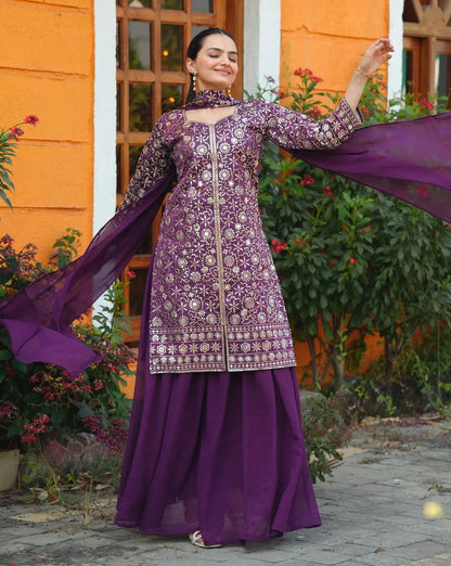 Women's Beautiful Embroidery Tapeta Silk Fabric Straight Kurta Sharara and Dupatta Set