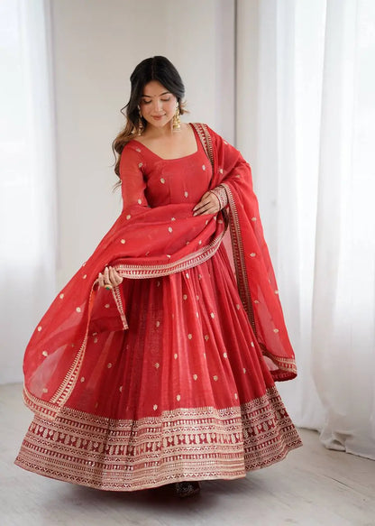 Women's Beautiful Embroidery Work Crunchy Silk Fabric Flared Anarkali and Dupatta Set