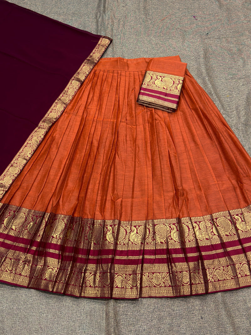 Orange Kanchi Cotton Zari Weaving Work Semi-stitched Lehenga Choli with Dupatta