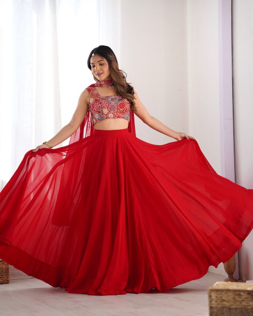 PURE SOFT ROMAN SILK CHANDERI DISCHARGE PRINT FABRIC FULLY FLAIR KEDIYA STYLE KURTA,WITH DUPATTA SET