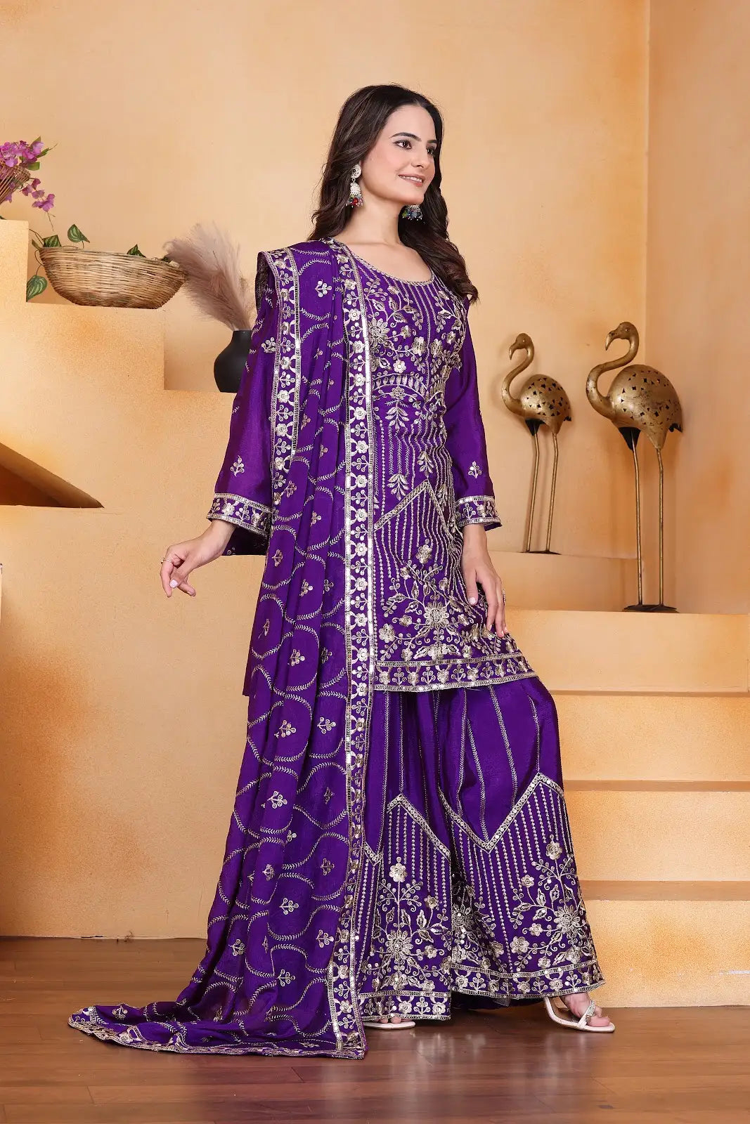 Women's Gorgeous Embroidery Work Chinon Silk Fabric Straight Kurta Sharara and Dupatta Set
