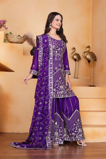 Women's Gorgeous Embroidery Work Chinon Silk Fabric Straight Kurta Sharara and Dupatta Set