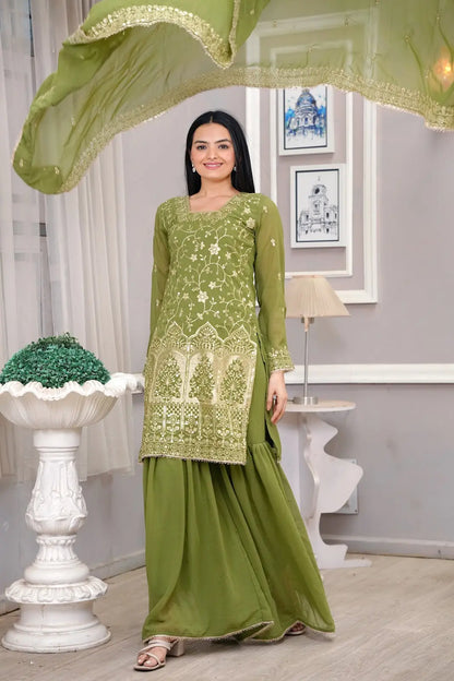 Women's Gorgeous Heavy Embroidery Fox Georgette Fabric Straight Kurta Sharara and Dupatta Set