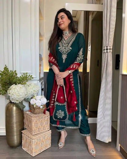 Women's Chinon fabric Embroidery work Kurta with Pant and Dupatta set 79