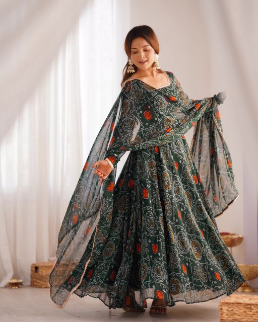 PURE SOFT ROMAN SILK CHANDERI DISCHARGE PRINT FABRIC FULLY FLAIR KEDIYA STYLE KURTA,WITH DUPATTA SET