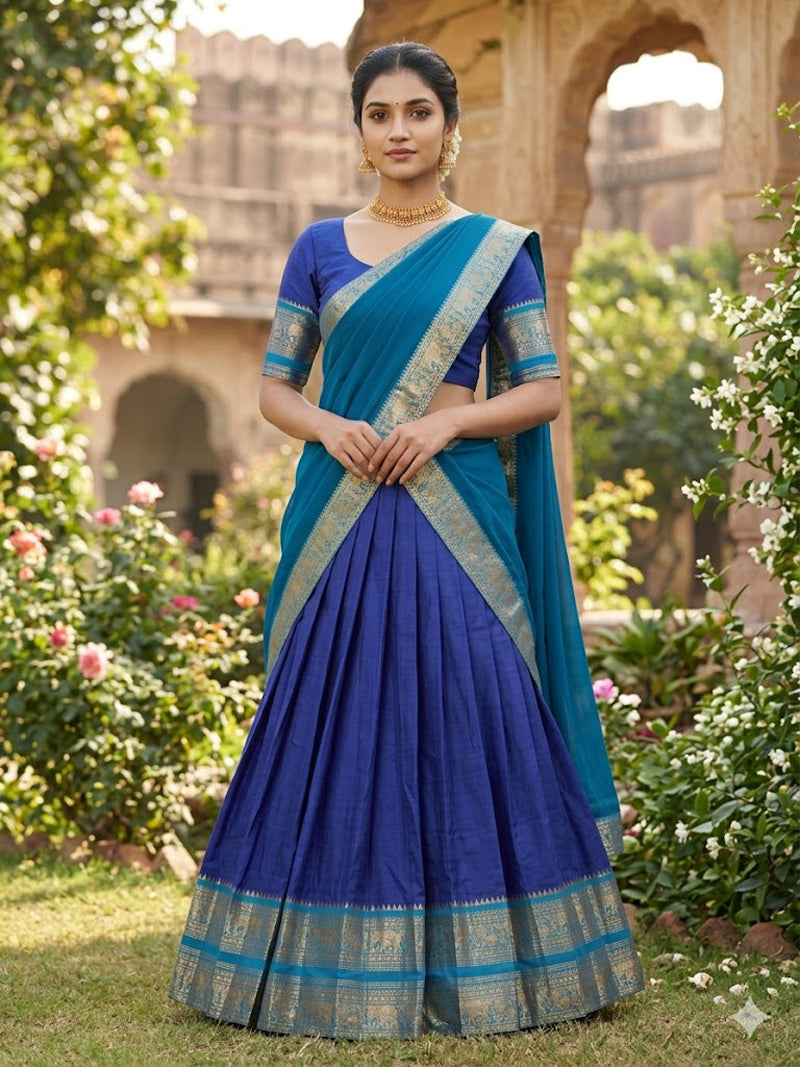 Blue Kanchi Cotton Zari Weaving Work Semi-stitched Lehenga Choli with Dupatta