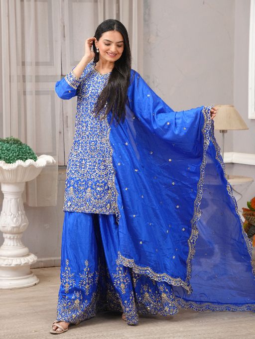 Women's Heavy Chinon Embroidery work Kurta with Sharara and Dupatta set