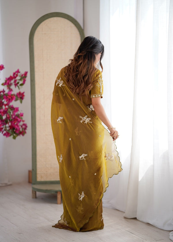 Mehendi Heavy Fendy satin With Birds Embroidered Beads Work saree With Unstitched Blouse