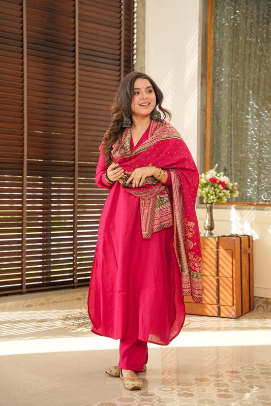 Women's Beautiful South Cotton Fabric Straight Kurta with Pant And Dupatta Set