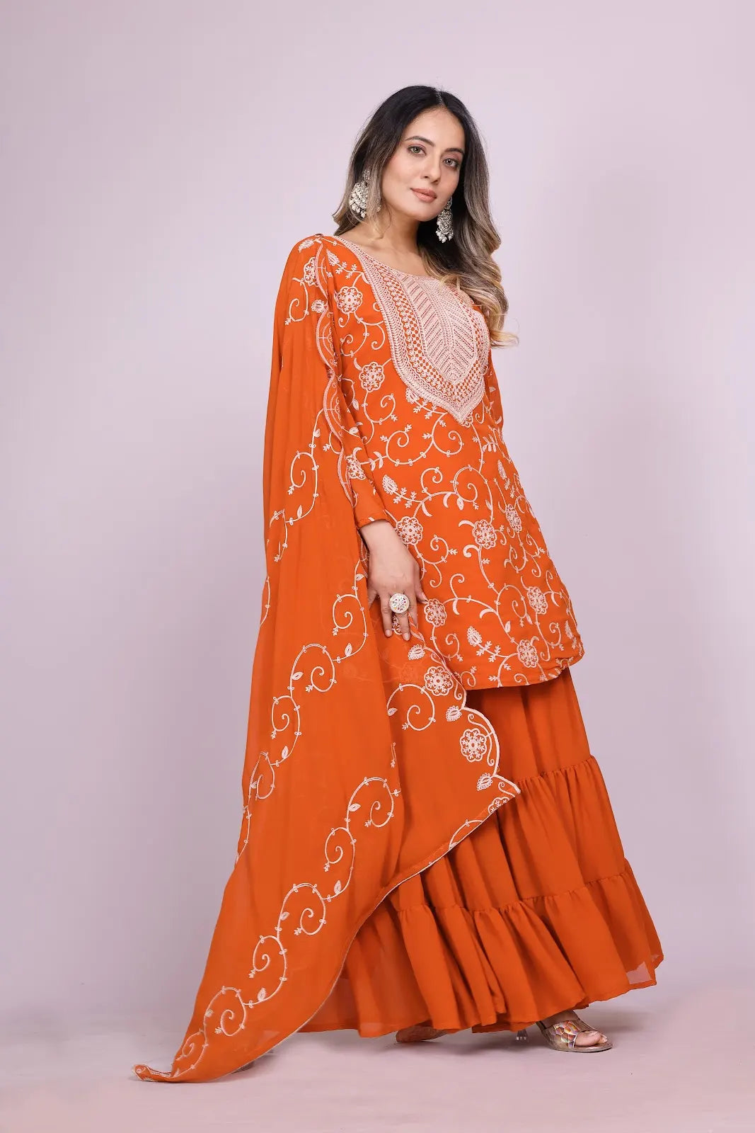 Women's Fox Georgette fabric Embroidery work Kurta with Sharara and Dupatta set 71 Orange