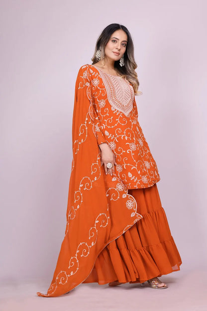 Women's Fox Georgette fabric Embroidery work Kurta with Sharara and Dupatta set 71 Orange