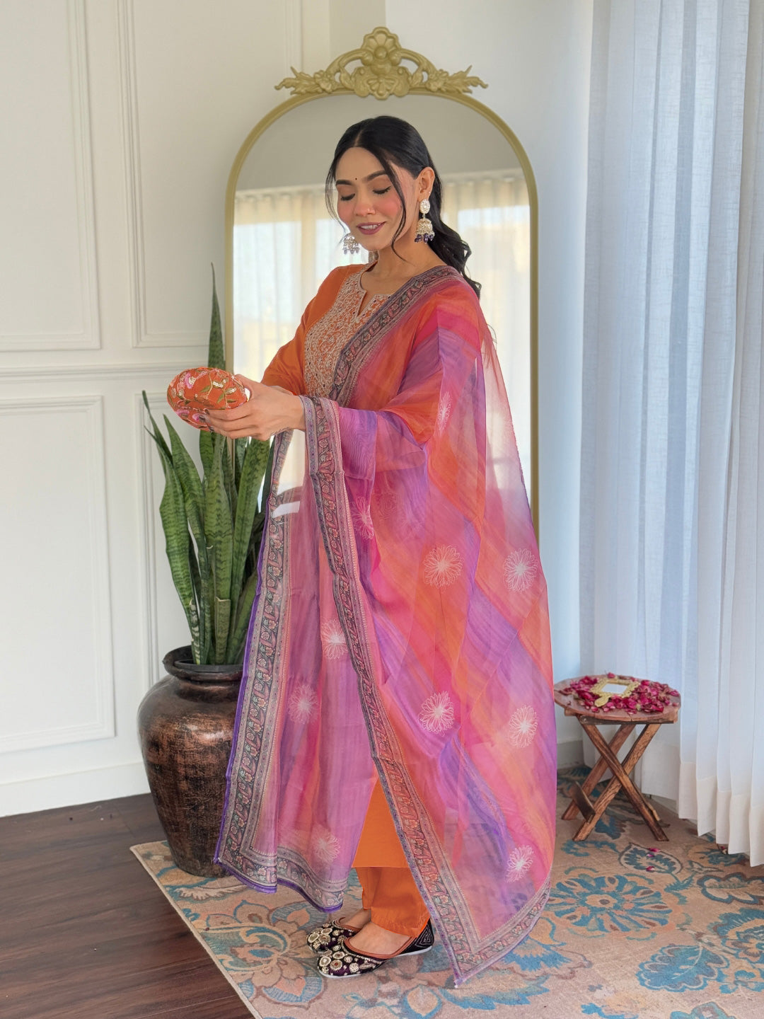 Women Gorgeous Embroidery Rayon Fabric with Straight Kurta, Pant and Dupatta Set