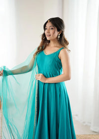 Women's Beautiful Roman Silk Chanderi Fabric Flared Anarkali Pant and Dupatta Set 285