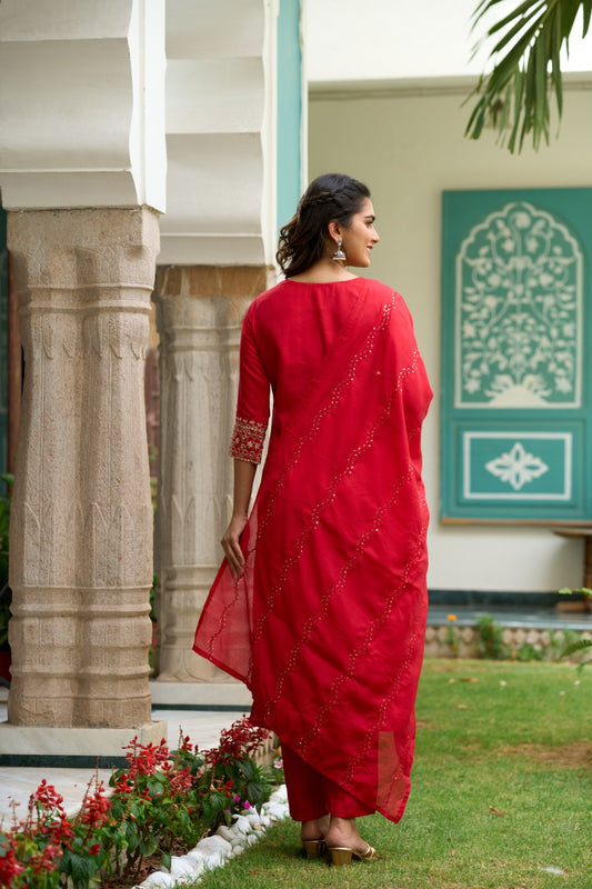 Gajari Red Embroidered Chanderi Fabric Straight Kurta, Pant and Dupatta Set