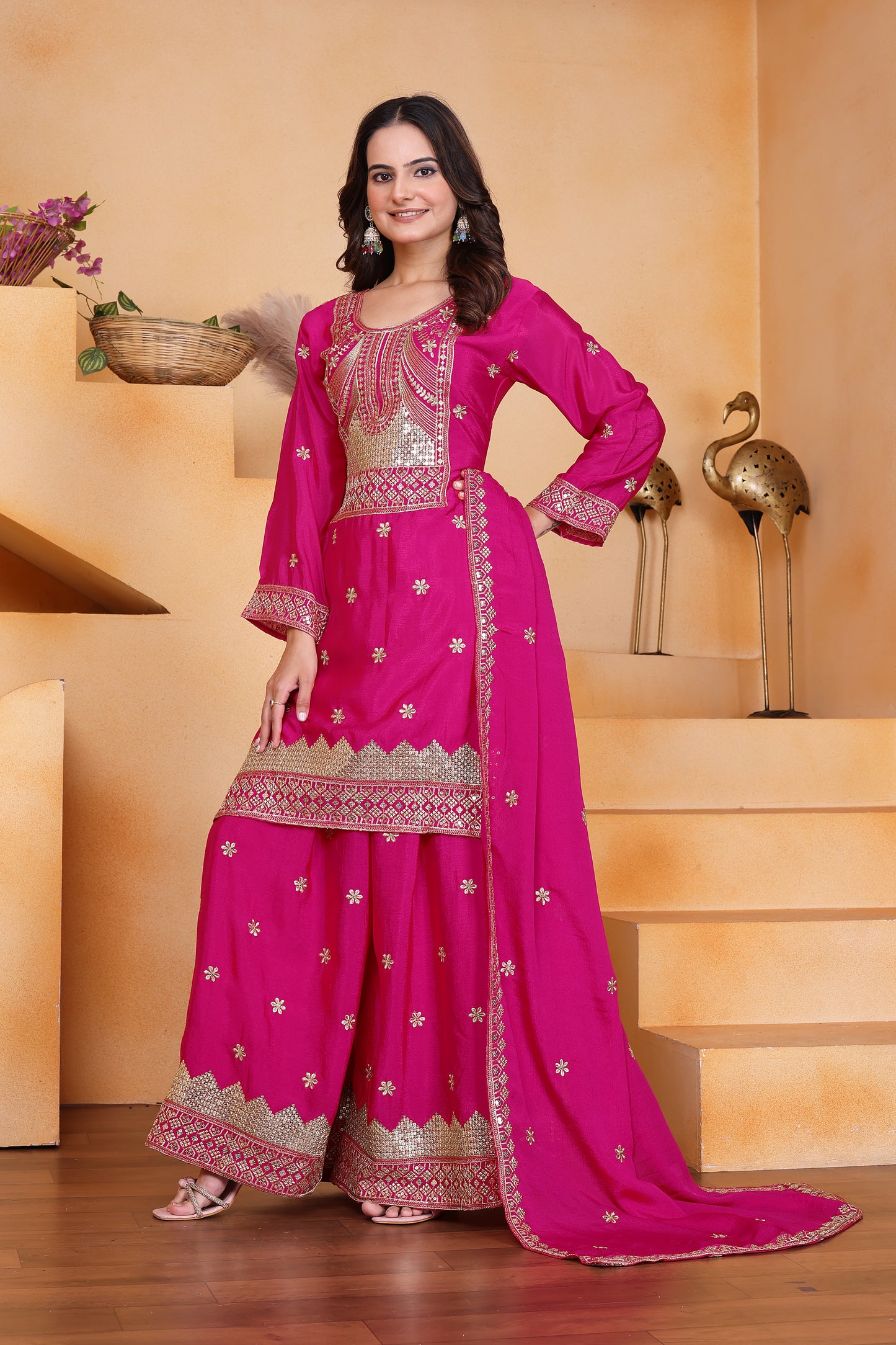 Women's Gorgeous Embroidery Work Chinon Fabric Straight Kurta Sharara and Dupatta Set 117