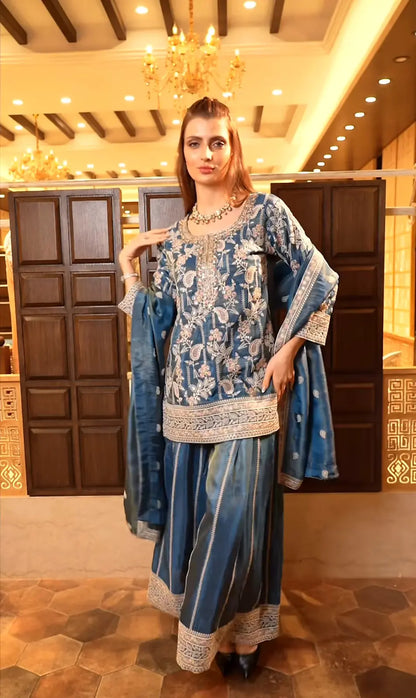 Women's Chinon fabric Embroidery work Kurta with Sharara and Dupatta set 76