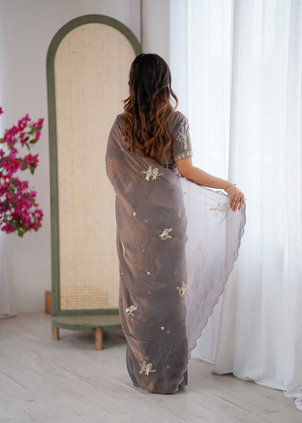 Grey Heavy Fendy satin With Birds Embroidered Beads Work saree With Unstitched Blouse