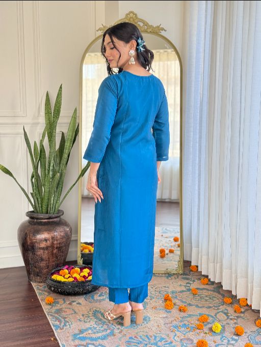Women's Beautiful Roman Silk Embroidered Straight Kurta with Pant And Dupatta Set
