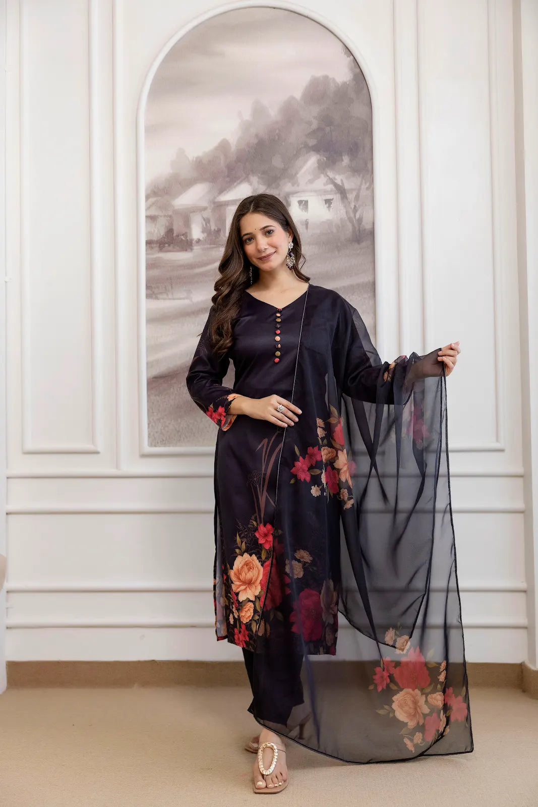 Women's Beautiful Soft Assam Fabric Printed Work A-line Kurta Pant and Dupatta Set