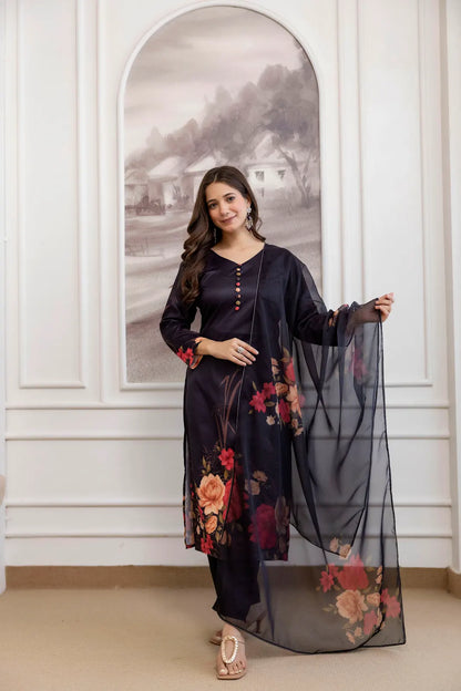Women's Beautiful Soft Assam Fabric Printed Work A-line Kurta Pant and Dupatta Set