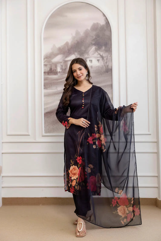 Women's Beautiful Soft Assam Fabric Printed Work A-line Kurta Pant and Dupatta Set