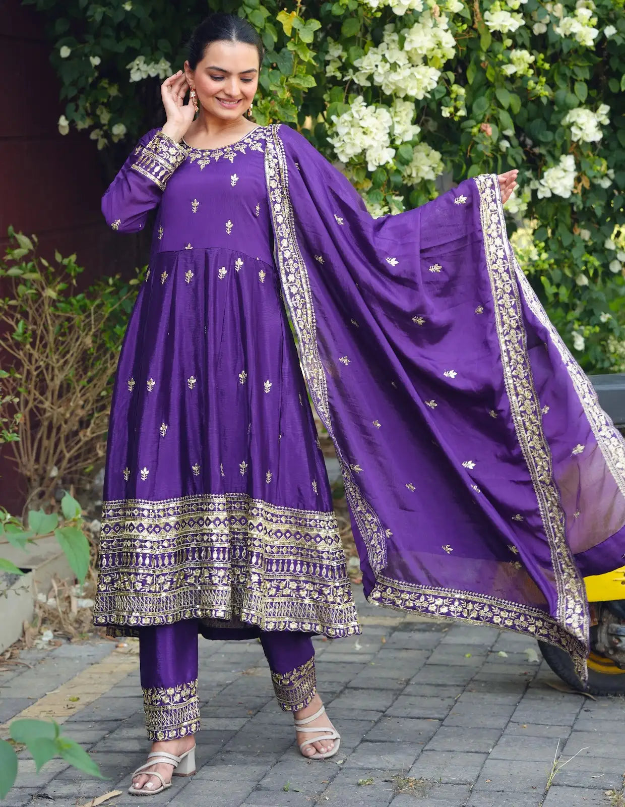 Women's Gorgeous Embroidery Work Chinon Fabric Flared Kurta Pant and Dupatta Set