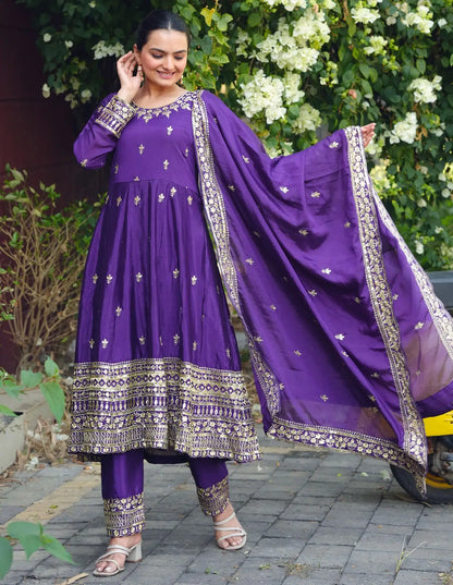 Women's Gorgeous Embroidery Work Chinon Fabric Flared Kurta Pant and Dupatta Set