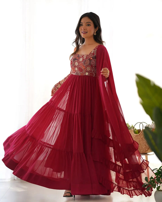 Women's Beautiful Embroidery Work Faux Georgette Fabric Flared Anarkali Pant and Dupatta Set