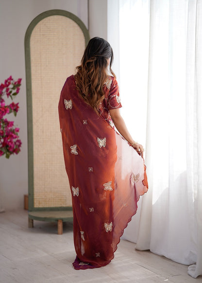 Rust Heavy Fendy satin With Butterfly Embroidered Beads Work saree With Unstitched Blouse