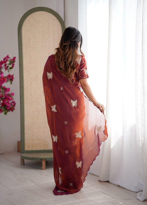Rust Heavy Fendy satin With Butterfly Embroidered Beads Work saree With Unstitched Blouse
