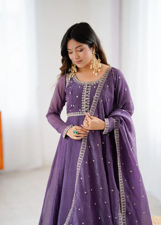 Women's Beautiful Embroidery Work Crunchy Silk Fabric Flared Anarkali Pant and Dupatta Set