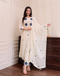 Women's Beautiful Viscose Thread work Straight Kurta with Pant And Dupatta Set