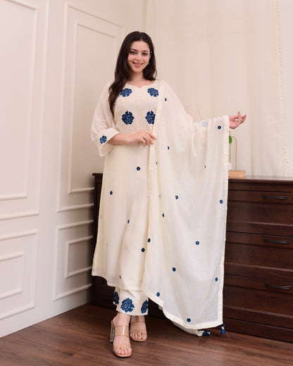 Women's Beautiful Viscose Thread work Straight Kurta with Pant And Dupatta Set