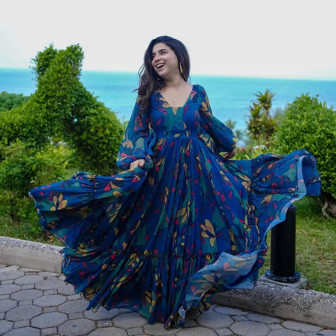 Women's Gorgeous Printed work Georgette Fabric Flared Gown