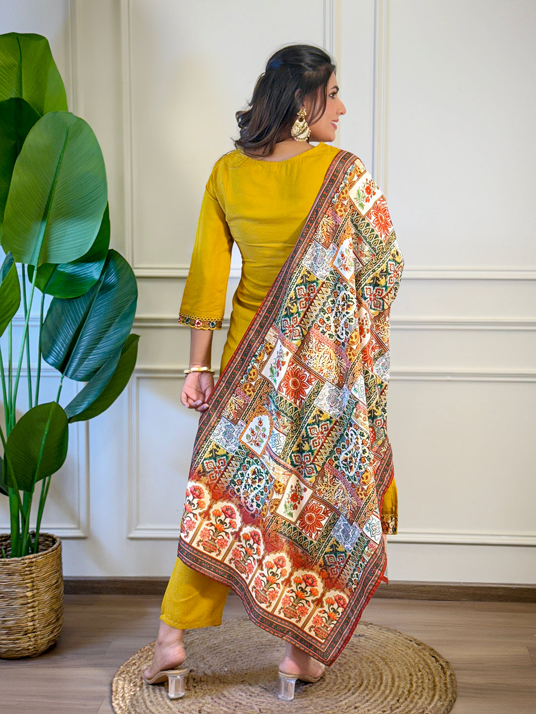 Women's Gorgeous Viscose Embroidery Straight Kurta with Pant And Dupatta Set Mustard 3887