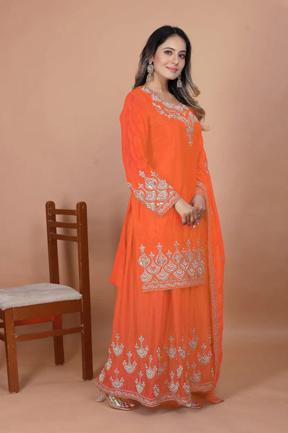 Women's Gorgeous Embroidery Work Chinon Fabric Straight Kurta Sharara and Dupatta Set