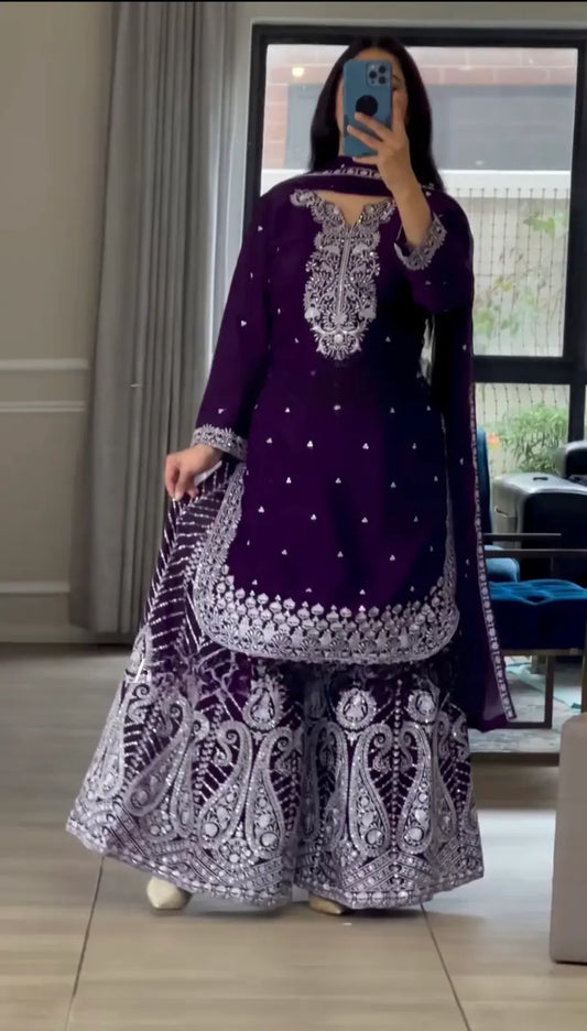 Women's Chinon fabric Embroidery work Kurta with Sharara and Dupatta set-78