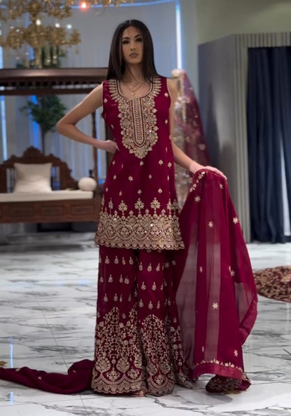 Heavy Fox Georgette Embroidery work Kurta with Sharara and Dupatta set