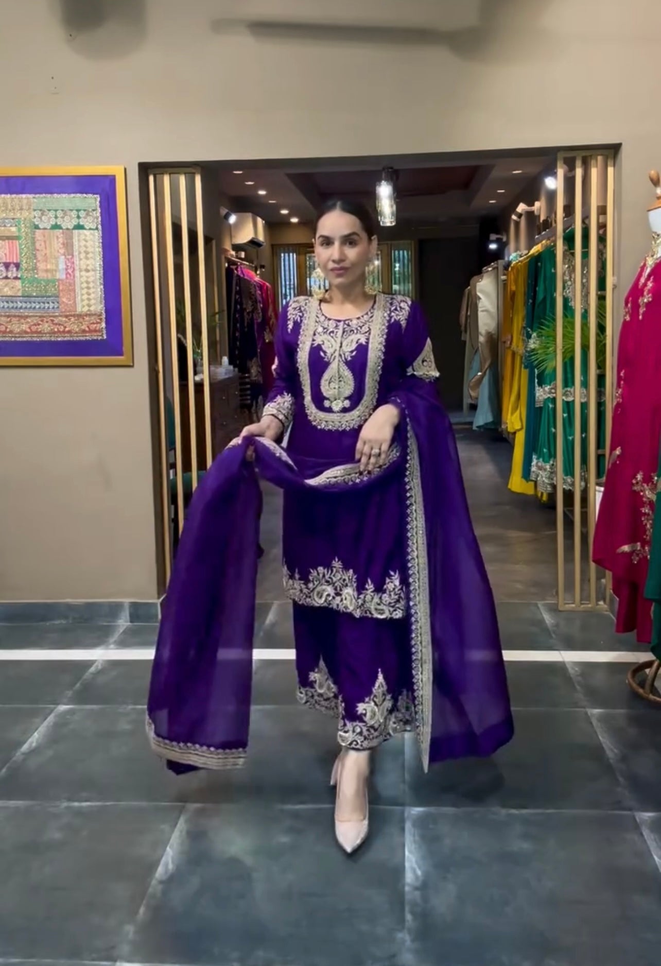 Women's Chinon fabric Embroidery work Kurta with Palazzo and Dupatta set