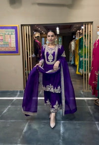 Women's Chinon fabric Embroidery work Kurta with Palazzo and Dupatta set