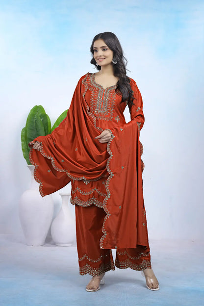 Women's Gorgeous Embroidery Work Natural Crep Fabric Straight Kurta Pant and Dupatta Set