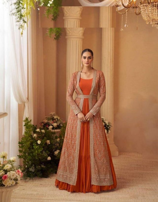 Heavy Silks Orange Long Top With Silk Shrug Free Size Upto 42