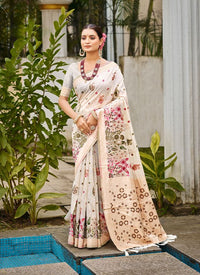 Off-White Color Cotton Silk Fabric Woven Meenakari Designer Saree
