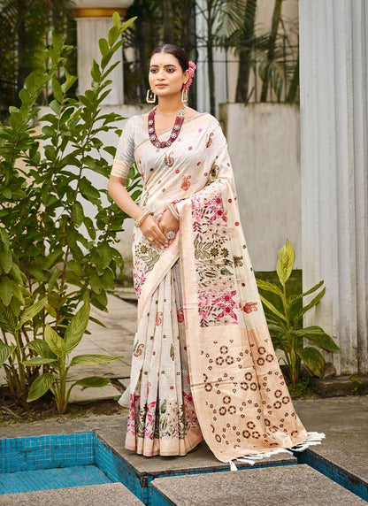 Off-White Color Cotton Silk Fabric Woven Meenakari Designer Saree