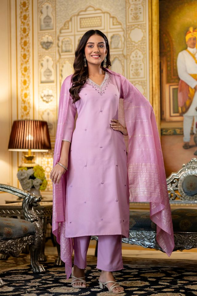 Pink Color Viscose Rayon Fabric Ceremonial Readymade Kurta Set with Dupatta