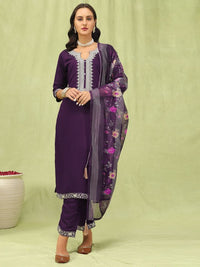 Purple Color Viscose Roman Silk Fabric Designer Embroidery Work Sophisticated Girlie Salwar Kameez