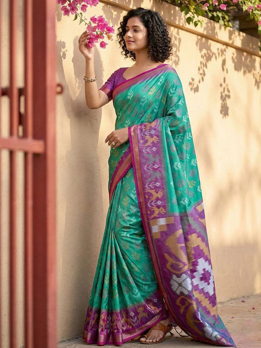 Rama Green Color Pochampalli Silk Saree With Graceful Woven Designer Looks