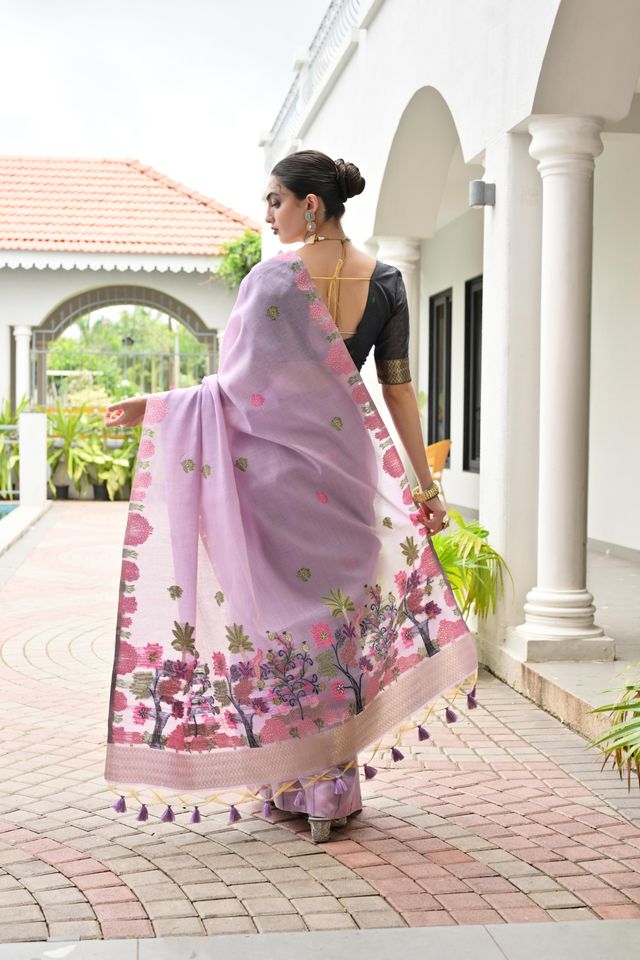 Purple Color Chanderi Cotton Fabric Weaving Reshan Flower Designer Ethnic Saree
